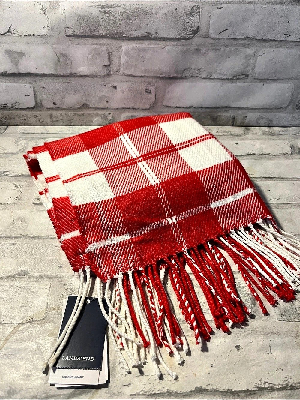 Lands' End CashTouch Pattern Winter Scarf Red & White Plaid NWT